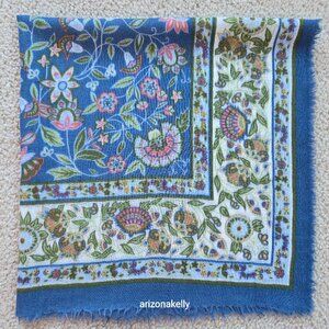 Square Wool Blue Scarf With Leaves and Flowers